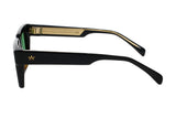 Ming temple side view in black acetate with gold AM crown logo and gold wire striping along the inner temple