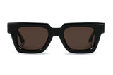 AM Eyewear Ming sunglasses with chunky square black acetate frame and dark brown smoked lenses
