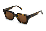 Three-quarter view of Ming square frame in gents tortoiseshell acetate with chunky construction and brown lenses