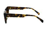 Side profile of Ming frame in gents tortoiseshell acetate with gold AM crown logo and striped temple detail