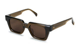 Three-quarter view of Ming square frame in translucent khaki acetate with chunky construction and brown lenses