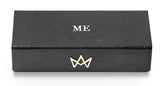 AM Eyewear black leather monogram case with gold ME lettering and crown logo embossed on front