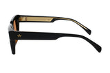 Profile of Ming black acetate temple with gold AM crown logo and vertical gold wire striping inside
