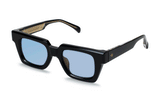 Angled view of Ming black acetate frame demonstrating chunky square shape and blue tinted lenses