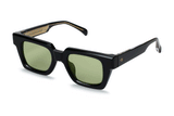 Ming black acetate frame at angled view showing thick square silhouette and green tinted lenses