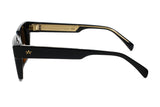Side profile of Ming frame showing gold AM crown logo and gold-striped acetate temple arm